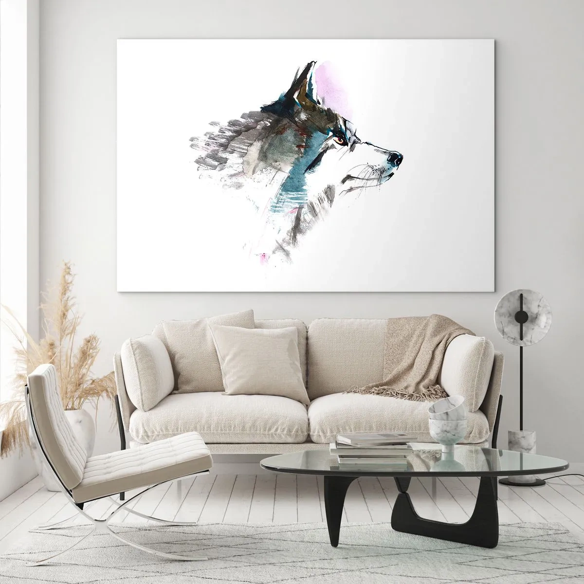 Glastavla - Bild på glas - Varg i konstnärlig akvarellstil på vit bakgrund - 70x50cm - Vargen är här - Modern väggdekoration för vardagsrum och sovrum ARTTOR