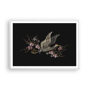 Affisch i vit ram - Exotisk, broderad fågel - 100x70 cm