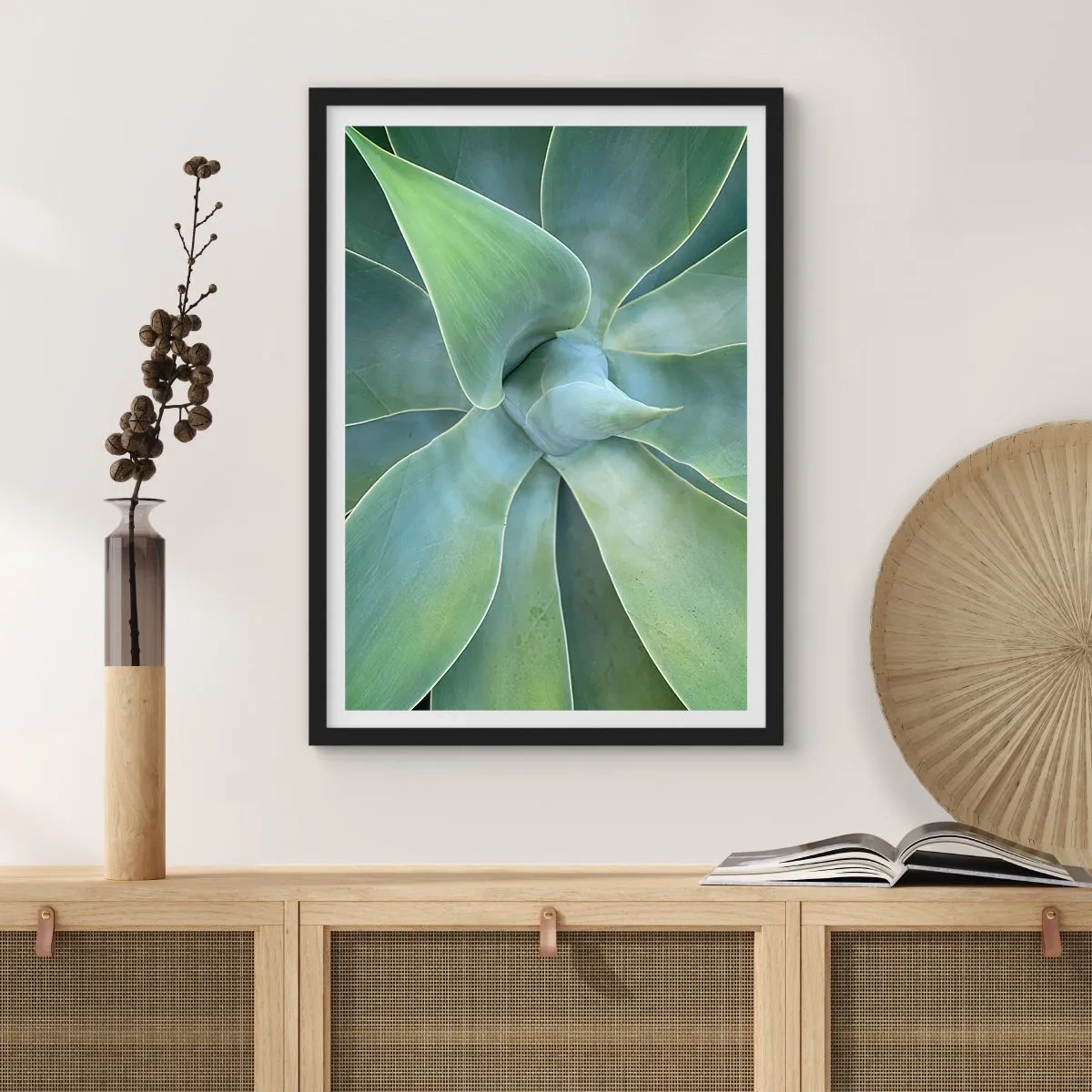 Affisch i svart ram - Närbild av symmetriska suckulenta blad - 50x70cm - Det gröna föds - Modern väggdekoration för vardagsrum och sovrum ARTTOR