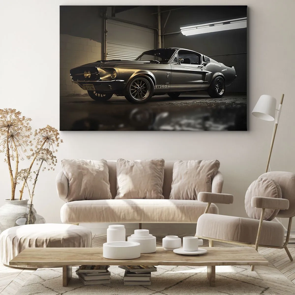 Canvastavla - Bild på duk - Klassisk bil i retrogarage - 70x50cm - Tillbaka till det förflutna - Modern väggdekoration för vardagsrum och sovrum ARTTOR