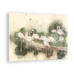 Glastavla - Bild på glas - Flamingos mot bakgrund av en akvarellkomposition - 70x50cm - Exotisk dröm - Modern väggdekoration för vardagsrum och sovrum ARTTOR