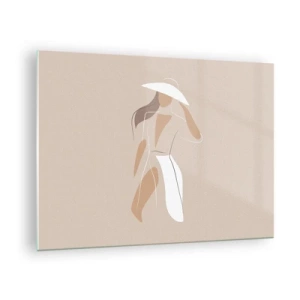 Glastavla - Bild på glas - Stiliserad figur av en kvinna i vit hatt - 70x50cm - Mode är lek - Modern väggdekoration för vardagsrum och sovrum ARTTOR