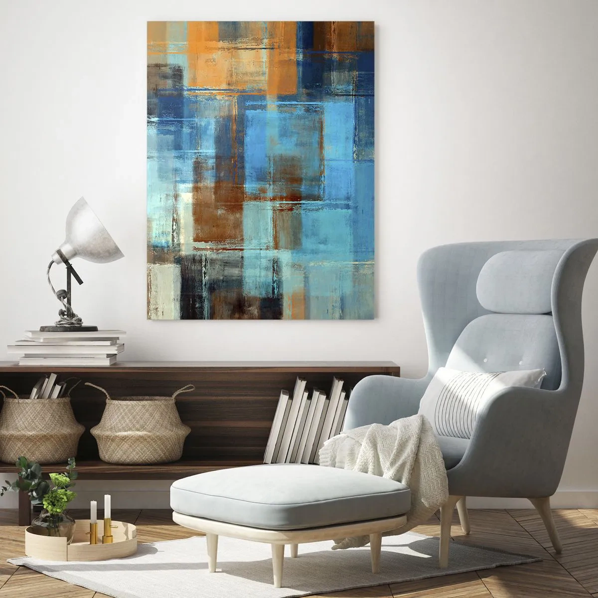 Glastavla - Bild på glas - Genom blåa gardinen - 50x70 cm