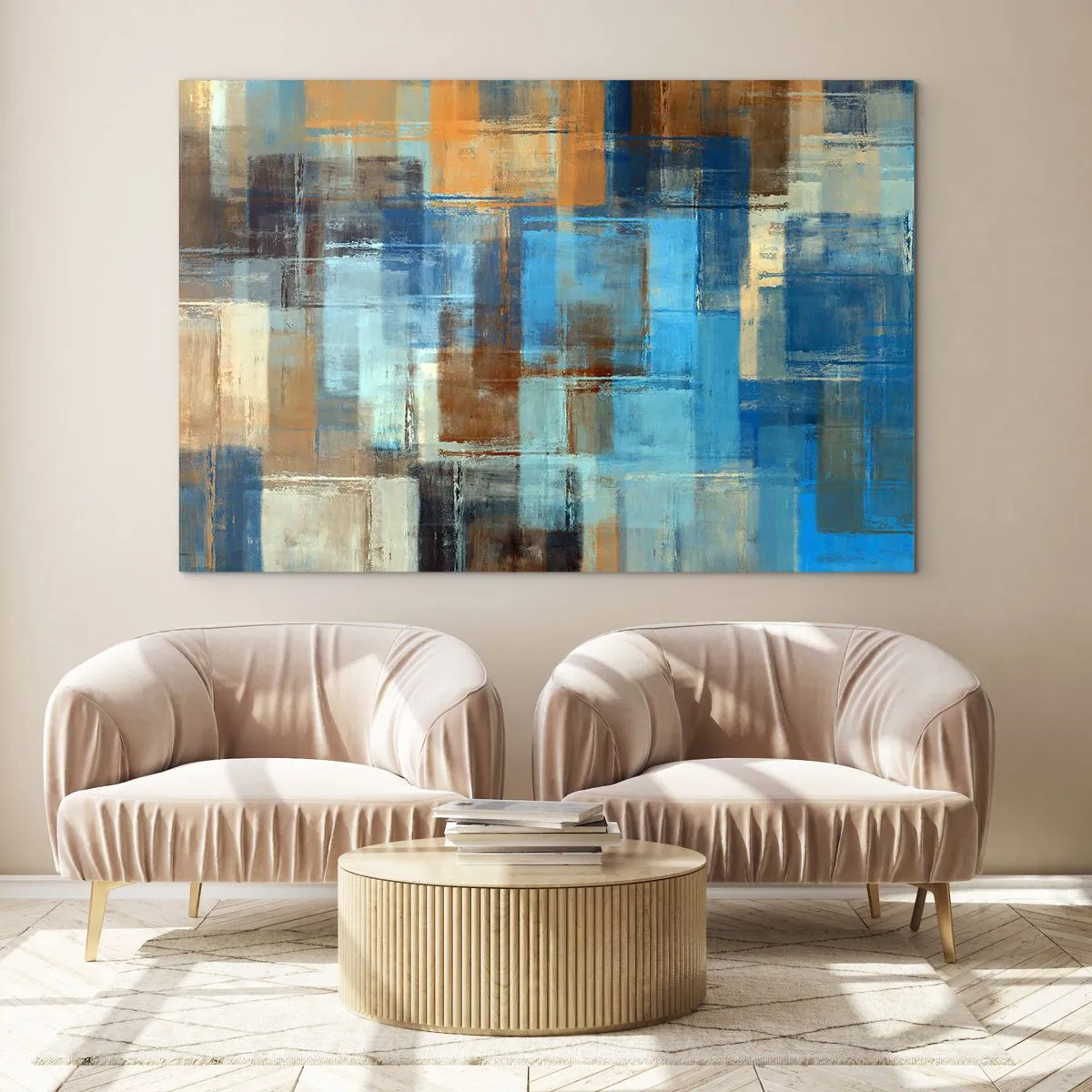 Glastavla - Bild på glas - Genom blåa gardinen - 100x70 cm