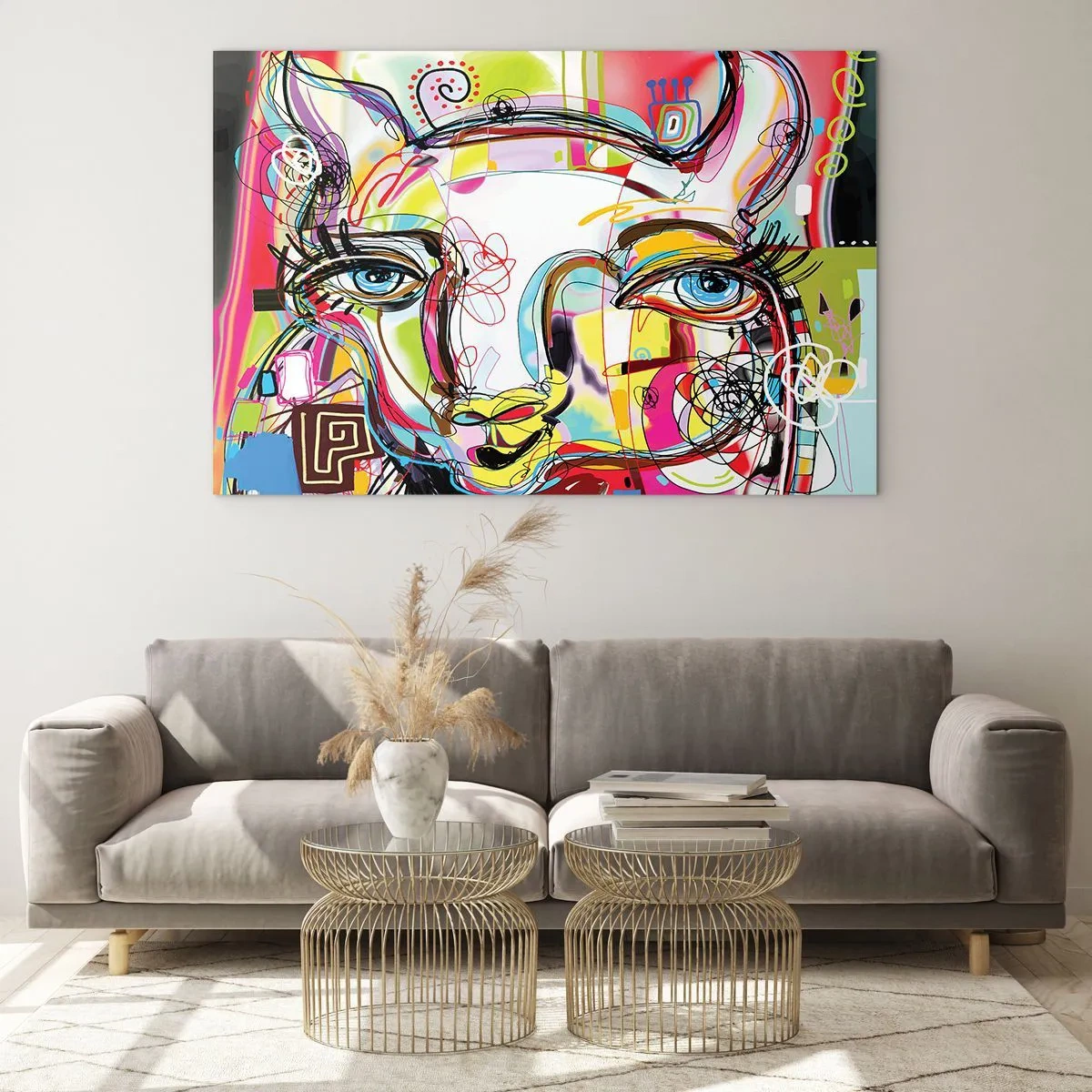 Glastavla - Bild på glas - Abstrakt bild av ett kattansikte i färgglatt konstnärligt uttryck - 70x50cm - Kattnaturens rikedom - Modern väggdekoration för vardagsrum och sovrum ARTTOR