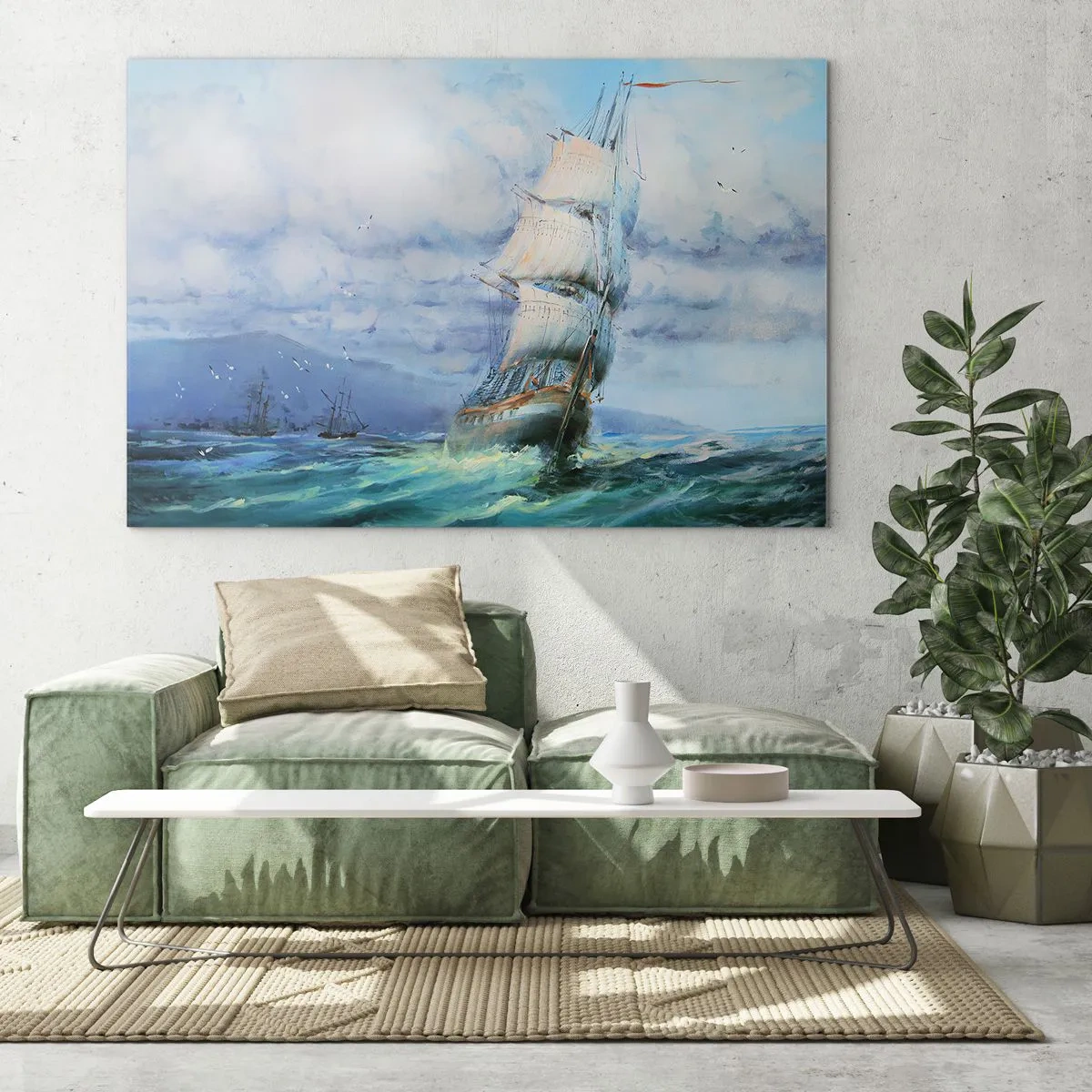 Glastavla - Bild på glas - Ett skepp med segel som seglar på ett stormigt hav under en molnig himmel - 70x50cm - Goda vindar - Modern väggdekoration för vardagsrum och sovrum ARTTOR
