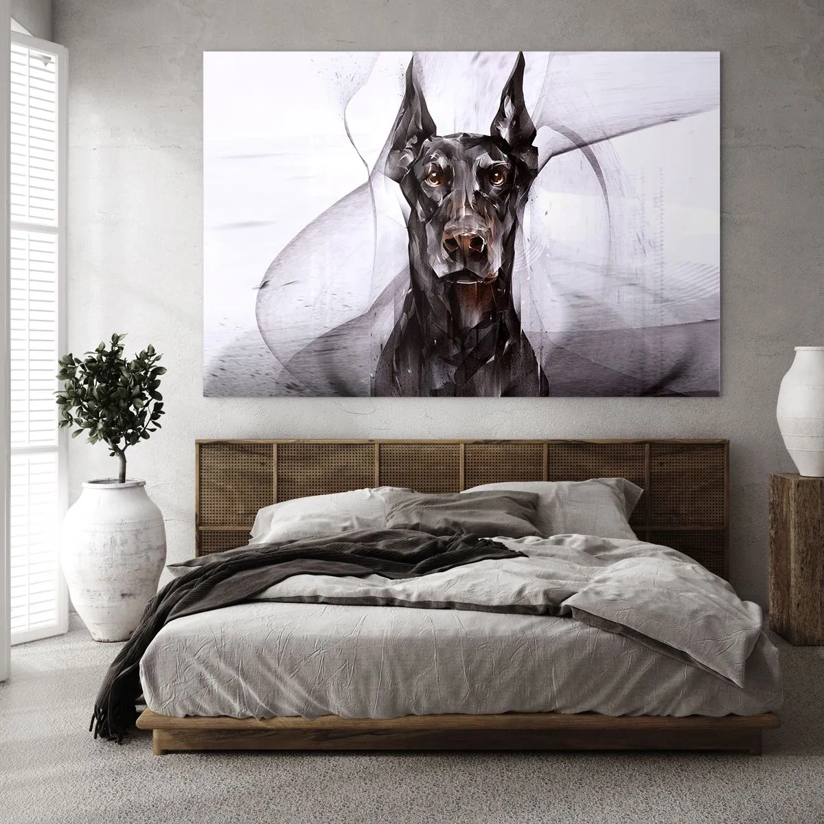 Glastavla - Bild på glas - Porträtt av en svart hund i abstrakt stil mot en ljus bakgrund - 70x50cm - Rasren - Modern väggdekoration för vardagsrum och sovrum ARTTOR
