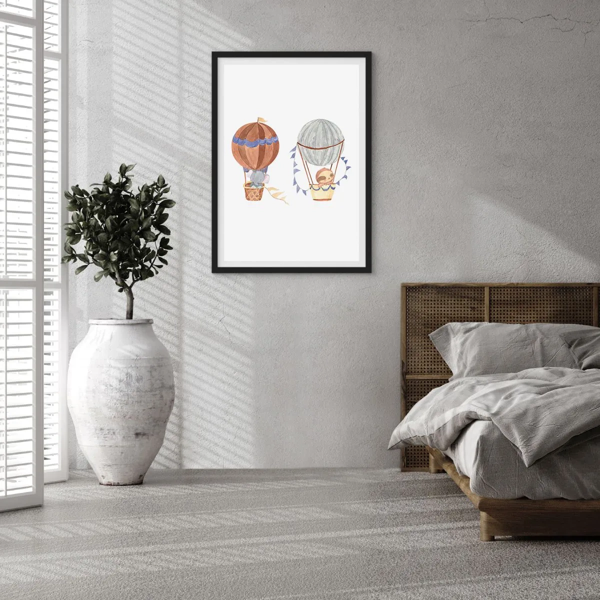 Affisch i svart ram - Söta djur i ballonger på en vit bakgrund i akvarellstil - 50x70cm - Vänner på en resa - Modern väggdekoration för vardagsrum och sovrum ARTTOR