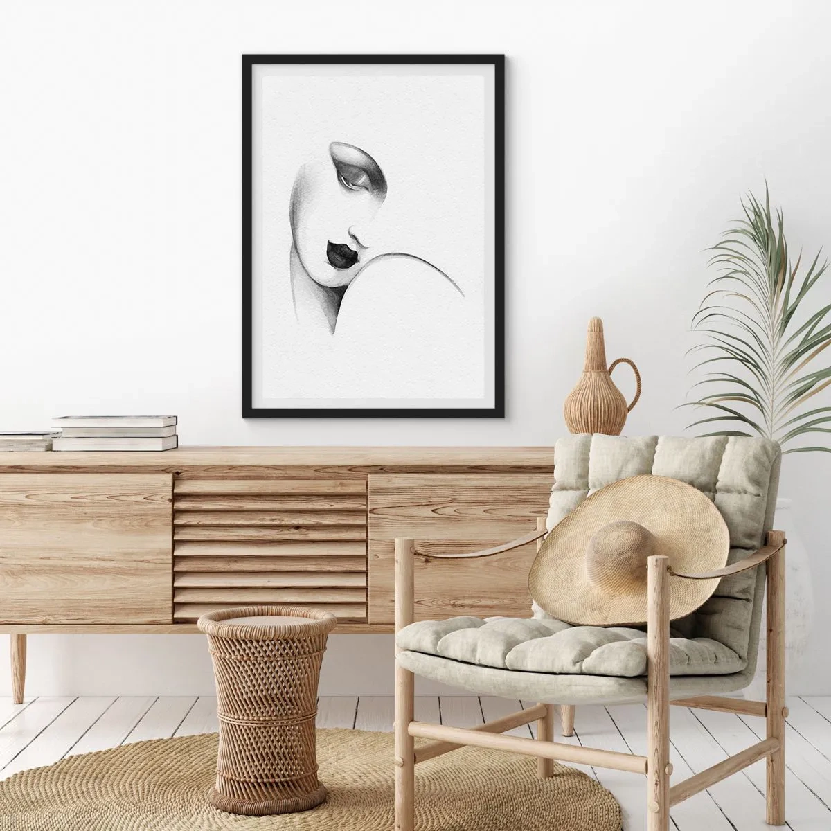 Affisch i svart ram - Ett subtilt porträtt av en kvinna i svartvitt - 50x70cm - I Łempickas stil - Modern väggdekoration för vardagsrum och sovrum ARTTOR