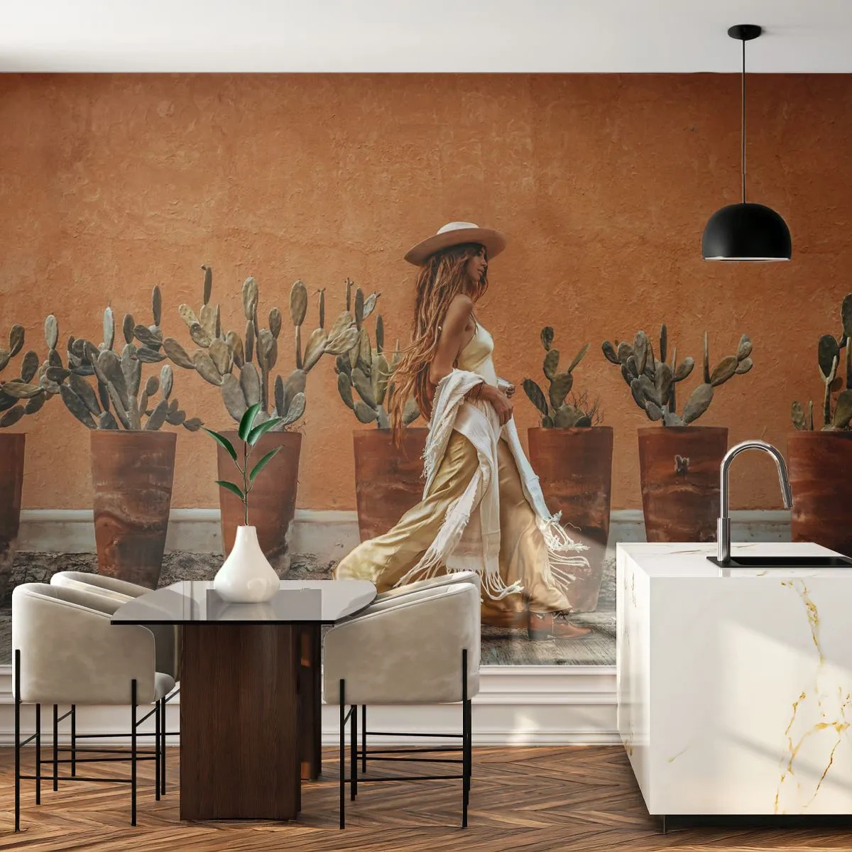Fototapet Premium Sand - I hippiestil - Boho, Kvinna, Kaktusar - 500x350 cm