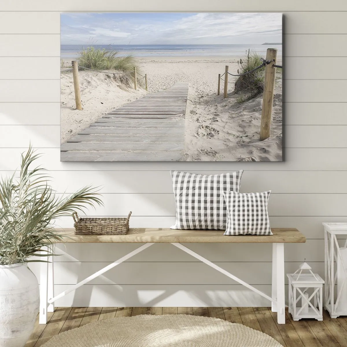 Canvastavla - Bild på duk - En plankstig som leder till en sandstrand - 70x50cm - Mot horisonten - Modern väggdekoration för vardagsrum och sovrum ARTTOR