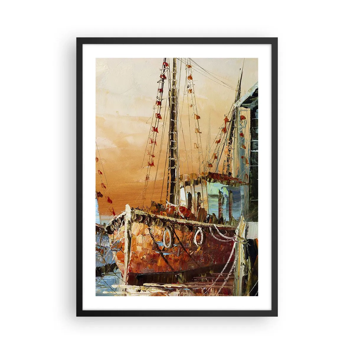 Affisch i svart ram - Ett segelfartyg mot bakgrund av den nedgående solen - 50x70cm - Lugn hemresa - Modern väggdekoration för vardagsrum och sovrum ARTTOR