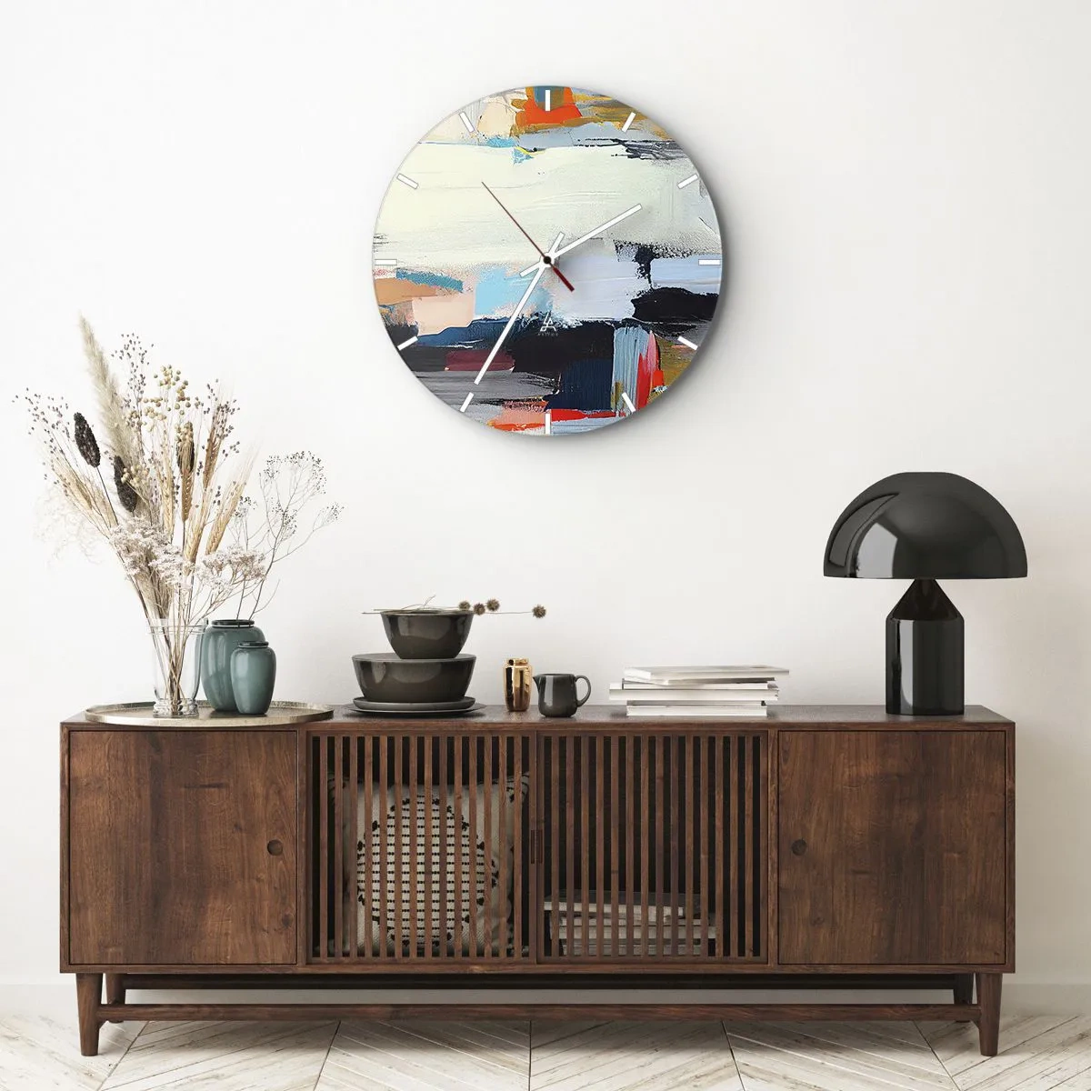 Väggklocka - Klocka på glas - En abstrakt komposition av färgglada fläckar och geometriska ränder. - 30x30cm - Finns det någon metod? - Modern väggdekoration för vardagsrum, kök och sovrum ARTTOR