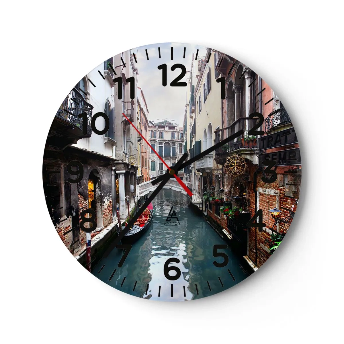 Väggklocka - Klocka på glas - Venedig-landskap med gondol och bro - 40x40 cm