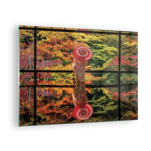 Glastavla - Bild på glas - En kvinna i kimono med paraply mot ett höstlandskap, speglat i vattnet. - 70x50cm - I naturens tempel - Modern väggdekoration för vardagsrum och sovrum ARTTOR