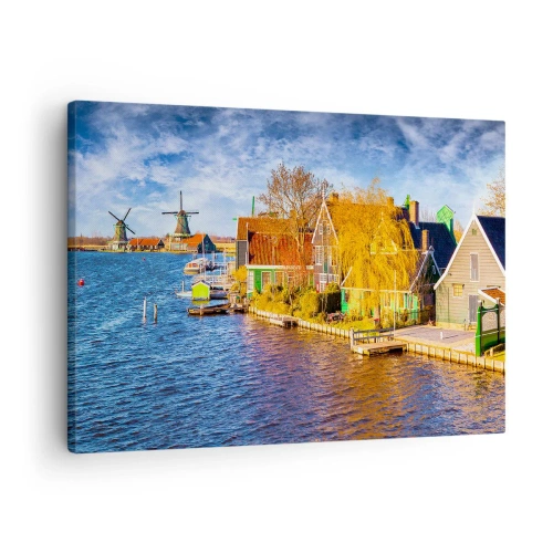 Canvastavla - Bild på duk - Pittoreska hus och väderkvarnar vid vattnet - 70x50cm - Ingen ändring sedan århundraden - Modern väggdekoration för vardagsrum och sovrum ARTTOR
