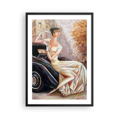 Affisch i svart ram - Elegant kvinna bredvid en retrobil i målerisk stil - 50x70cm - Elegans i retrostil - Modern väggdekoration för vardagsrum och sovrum ARTTOR