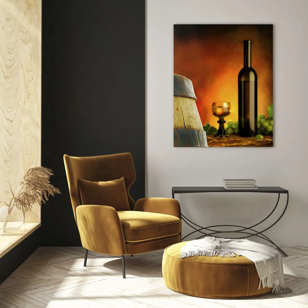 Glastavla - Bild på glas - Stilleben med vinflaska och vindruvor - 50x70 cm