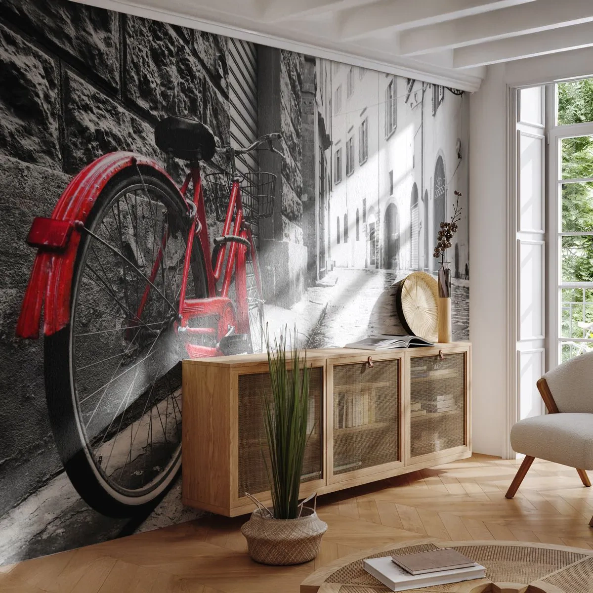 Fototapet Standard Eco - En röd cykel på en kullerstensgata i staden - 100x70cm - Den riktiga skönheten åldras inte - Modern väggdekoration för vardagsrum och sovrum ARTTOR