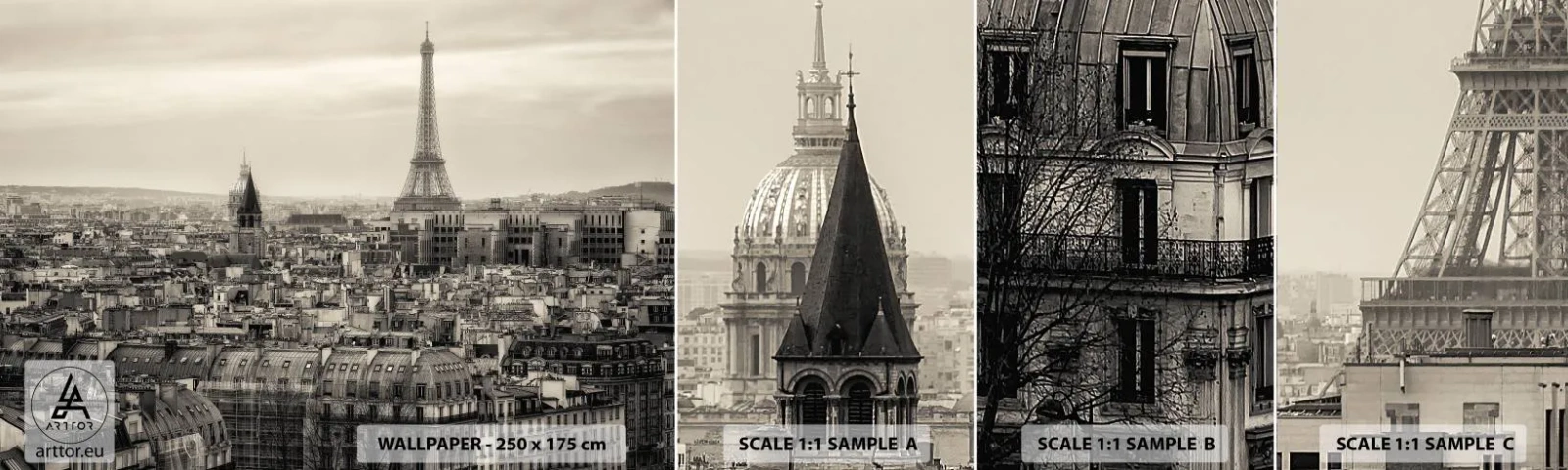 Provbit av självhäftande fototapet Deluxe Sticker - Över Paris tak - Stad, Paris, Arkitektur - 100x30 cm