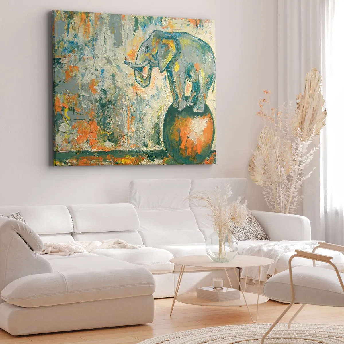 Canvastavla - Bild på duk - En elefant som balanserar på en boll i konstnärlig stil - 70x50cm - Länge leve cirkus - Modern väggdekoration för vardagsrum och sovrum ARTTOR