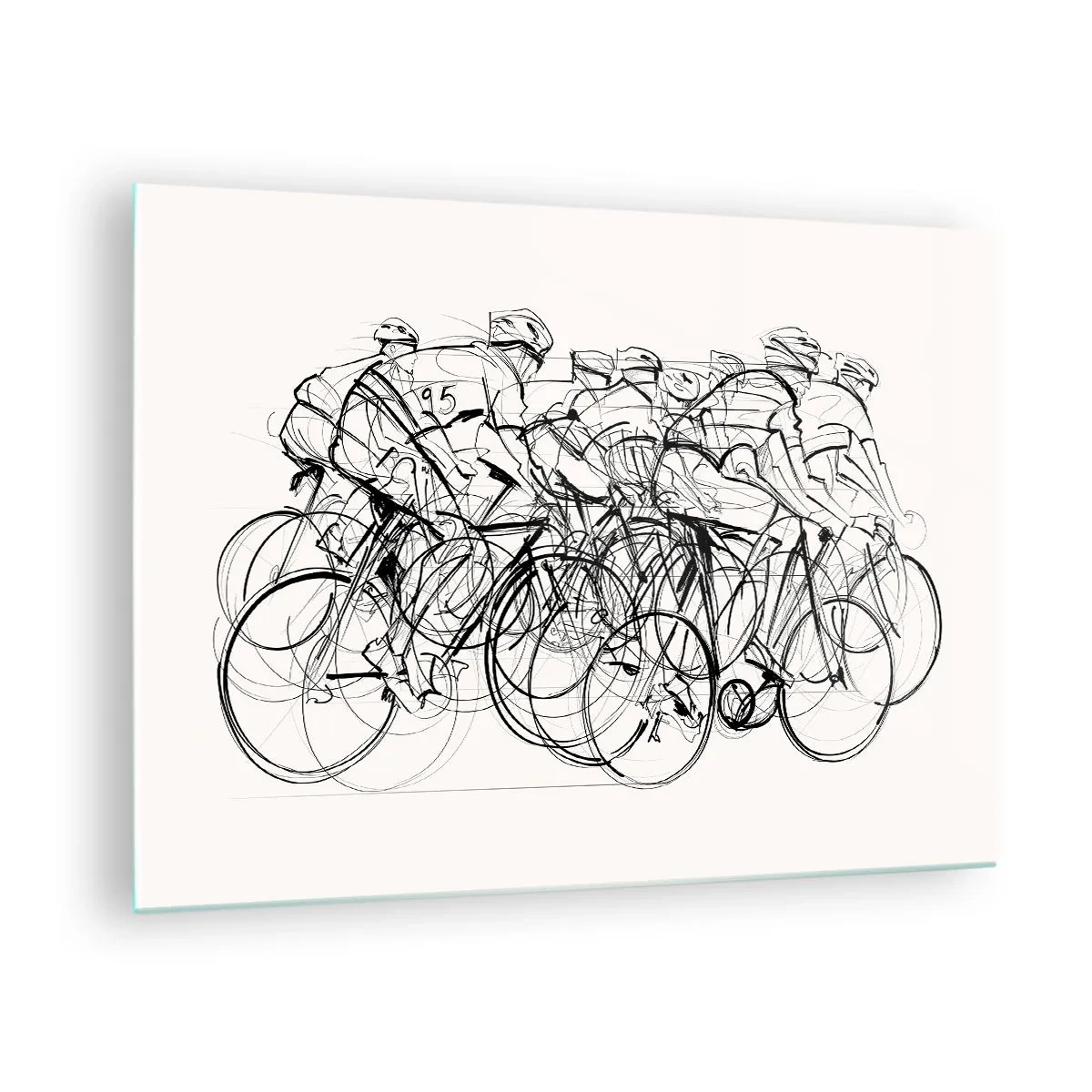 Glastavla - Bild på glas - Skiss av en grupp cyklister under ett lopp mot en vit bakgrund - 70x50cm - Lagarbete - Modern väggdekoration för vardagsrum och sovrum ARTTOR