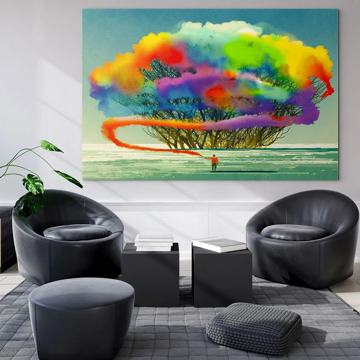 Glastavla - Bild på glas - En färgglad rökexplosion mot bakgrund av ett ensamt träd. - 70x50cm - Liva upp världen - Modern väggdekoration för vardagsrum och sovrum ARTTOR