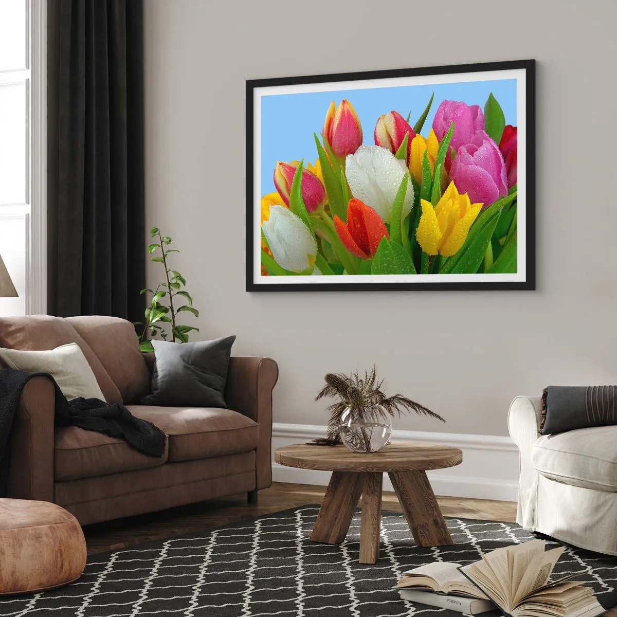 Affisch i svart ram - blommig regnbåge i daggdroppar - 70x50 cm