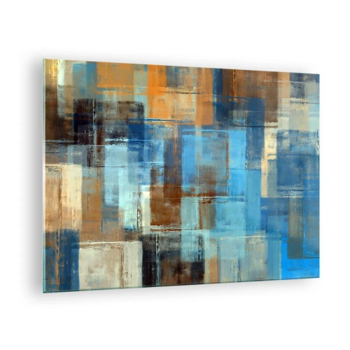 Glastavla - Bild på glas - Abstrakt geometrisk komposition i nyanser av blått och brunt - 70x50cm - Genom blåa gardinen - Modern väggdekoration för vardagsrum och sovrum ARTTOR