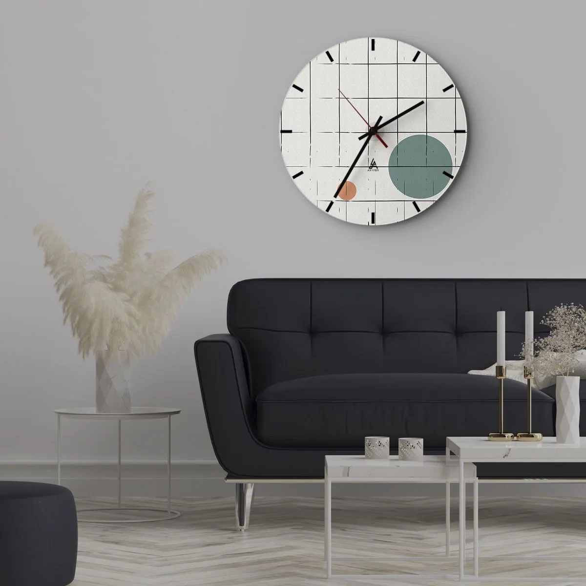 Väggklocka - Klocka på glas - Ett rutnät av vertikaler och horisontella linjer med färgade cirklar i bakgrunden - 30x30cm - Fångade. Vi eller de? - Modern väggdekoration för vardagsrum, kök och sovrum ARTTOR