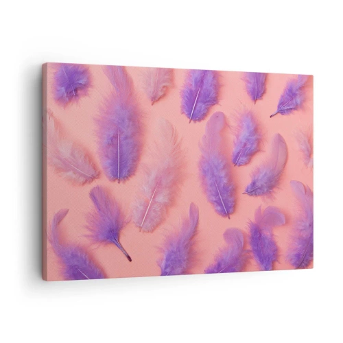 Canvastavla - Bild på duk - Lila och rosa fjädrar på en pastellbakgrund - 70x50cm - Lusten liljefågel - Modern väggdekoration för vardagsrum och sovrum ARTTOR