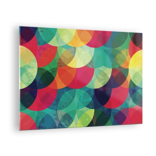Glastavla - Bild på glas - Färgglada, överlappande halvcirklar i en intensiv färgpalett - 70x50cm - Regnbågsfärd - Modern väggdekoration för vardagsrum och sovrum ARTTOR