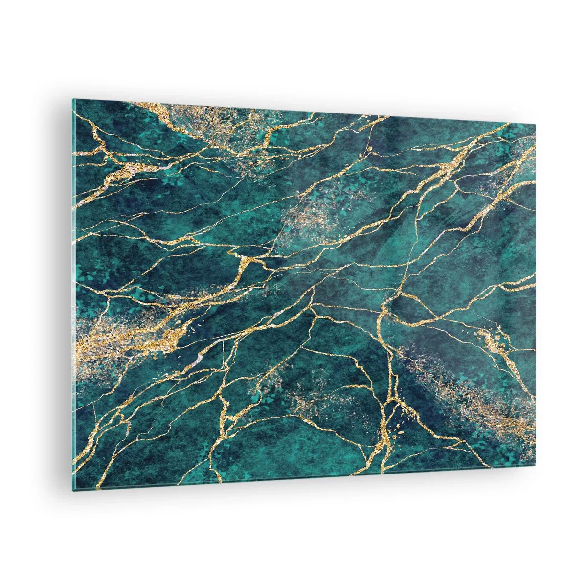Glastavla - Bild på glas - Marmorerad sten med gyllene ådror, blågrön och gröna nyanser - 70x50cm - Guldåder - Modern väggdekoration för vardagsrum och sovrum ARTTOR