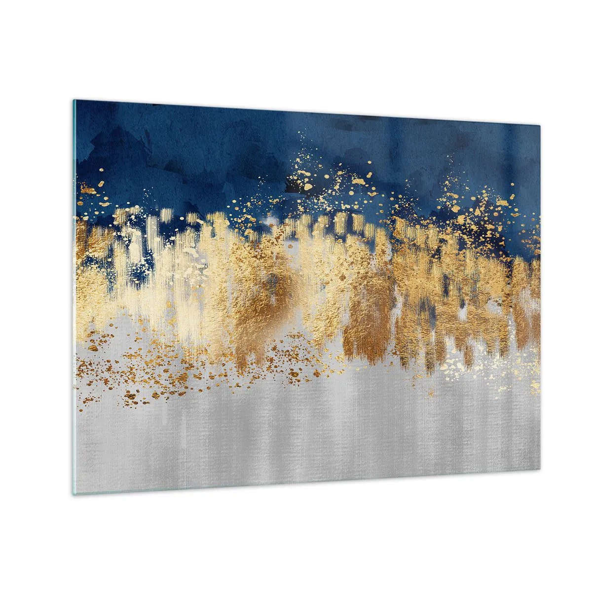 Glastavla - Bild på glas - Gulddetaljer på marinblå och silverfärgad bakgrund - 70x50cm - Modern komposition med blixt - Modern väggdekoration för vardagsrum och sovrum ARTTOR