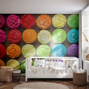 Fototapet Premium Sand - Alla olika - alla goda - Gastronomi, färgglada kakor, 3D - 300x210 cm