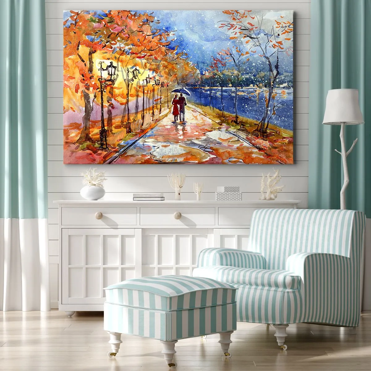 Canvastavla - Bild på duk - En höstpromenad i parken vid flodstranden under ett paraply - 70x50cm - Tillsammans mot tidens gräns - Modern väggdekoration för vardagsrum och sovrum ARTTOR