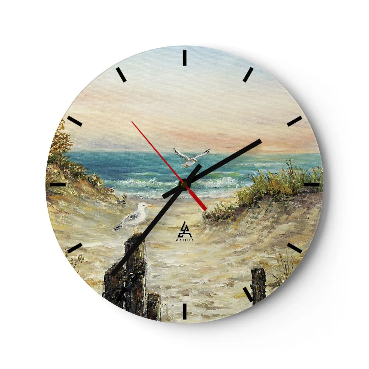 Väggklocka - Klocka på glas - Måsar över havsstranden vid solnedgången - 30x30cm - Vindstilla - Modern väggdekoration för vardagsrum, kök och sovrum ARTTOR