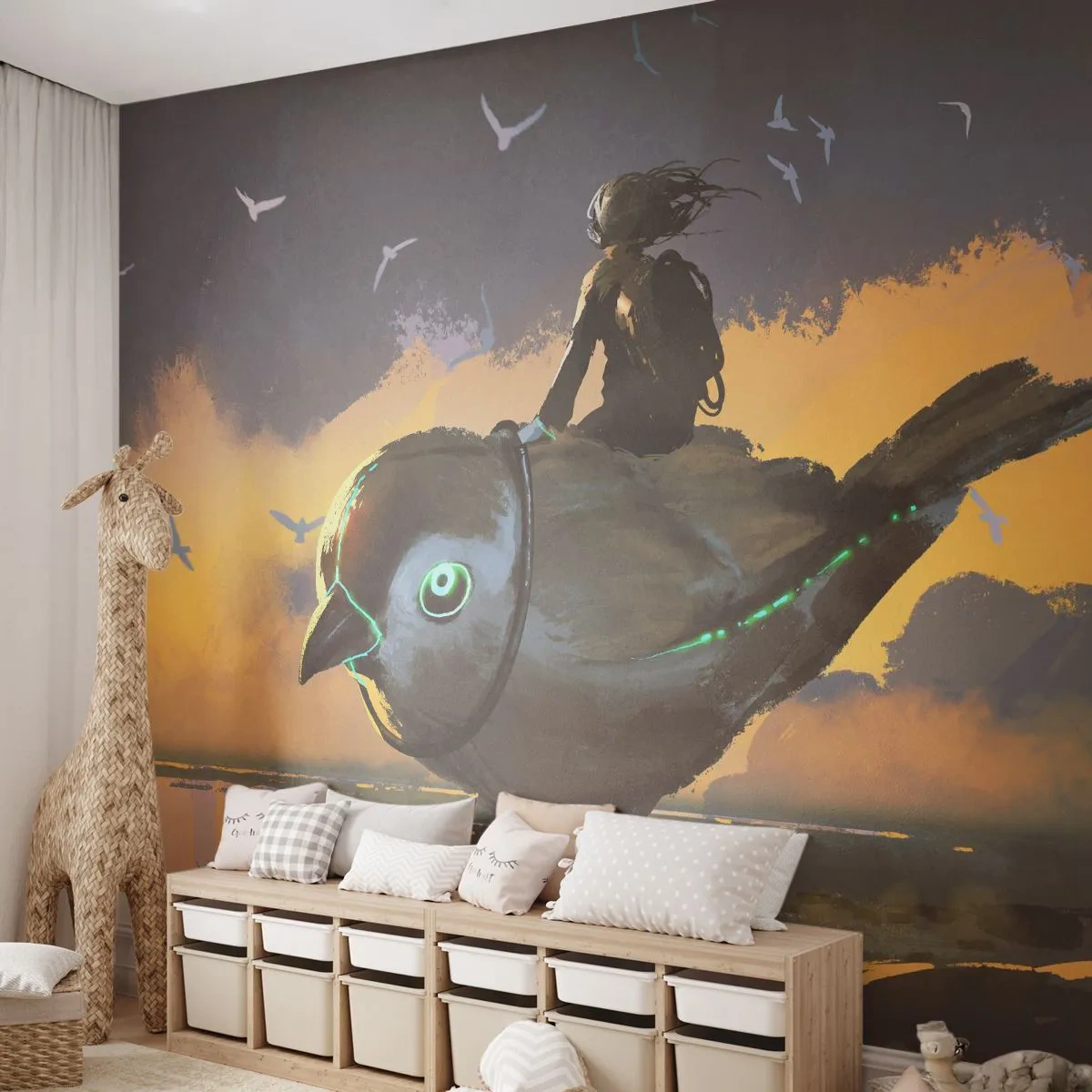 Självhäftande Fototapet Deluxe Sticker - Rast under en fantastisk resa - Abstraktion, Fågel, Fantasi - 250x175 cm