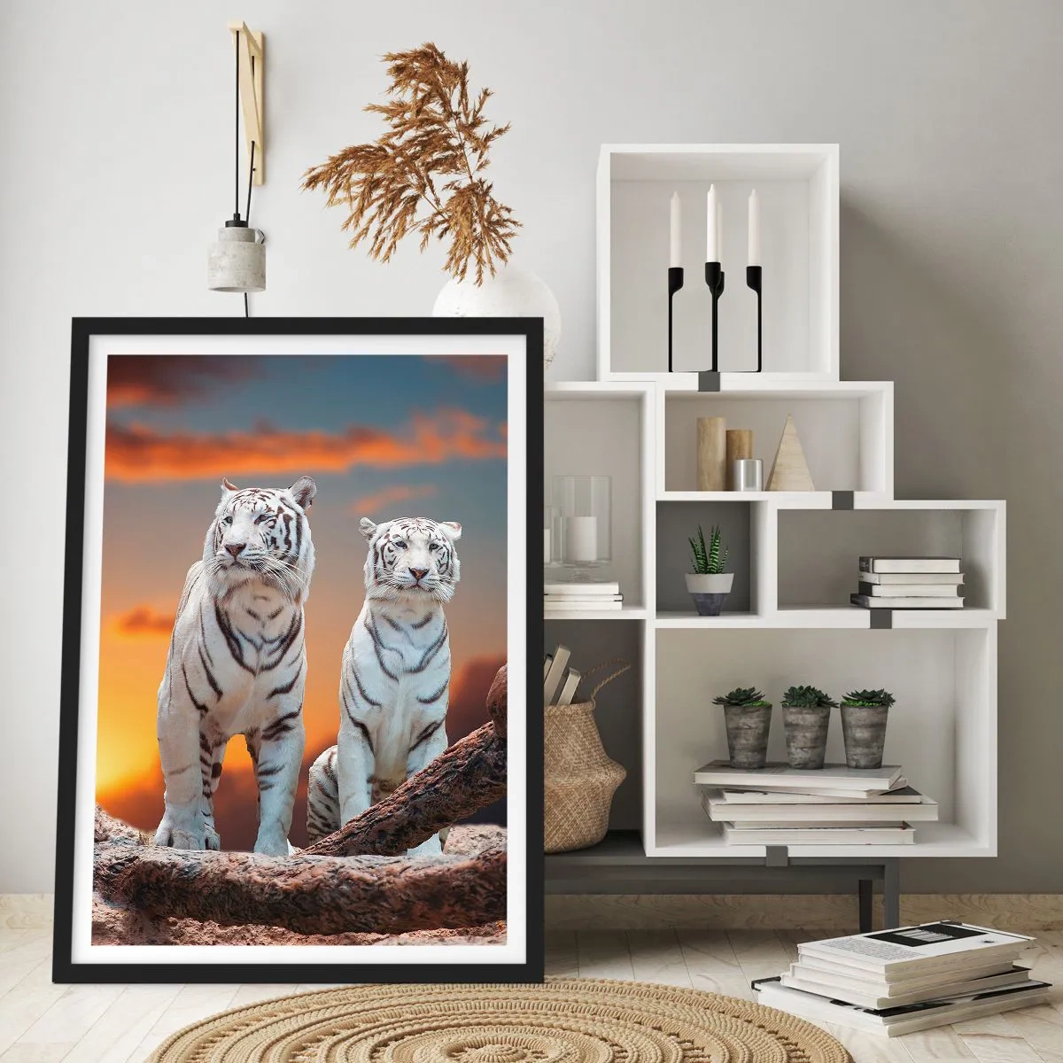Affisch i svart ram - Vita tigrar mot den nedgående solen - 50x70cm - Helt som i Narnia - Modern väggdekoration för vardagsrum och sovrum ARTTOR