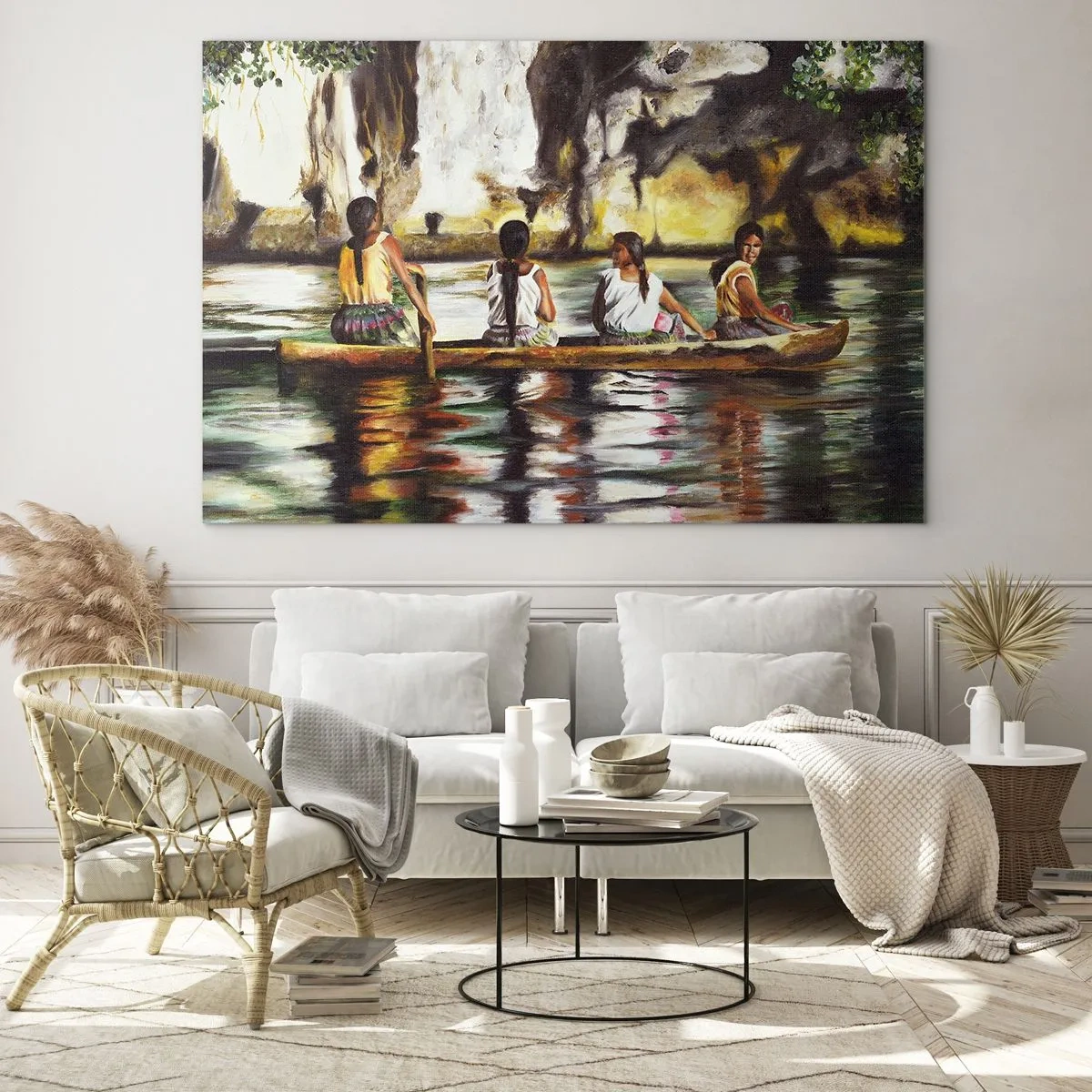 Glastavla - Bild på glas - Kvinnor i en båt mot bakgrund av pittoreska klippor och vatten - 70x50cm - I polynesiskt paradis - Modern väggdekoration för vardagsrum och sovrum ARTTOR