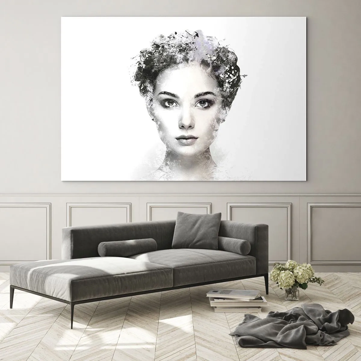 Glastavla - Bild på glas - Kvinnans ansikte i akvarellstil på vit bakgrund - 70x50cm - Väldigt stilig porträtt - Modern väggdekoration för vardagsrum och sovrum ARTTOR
