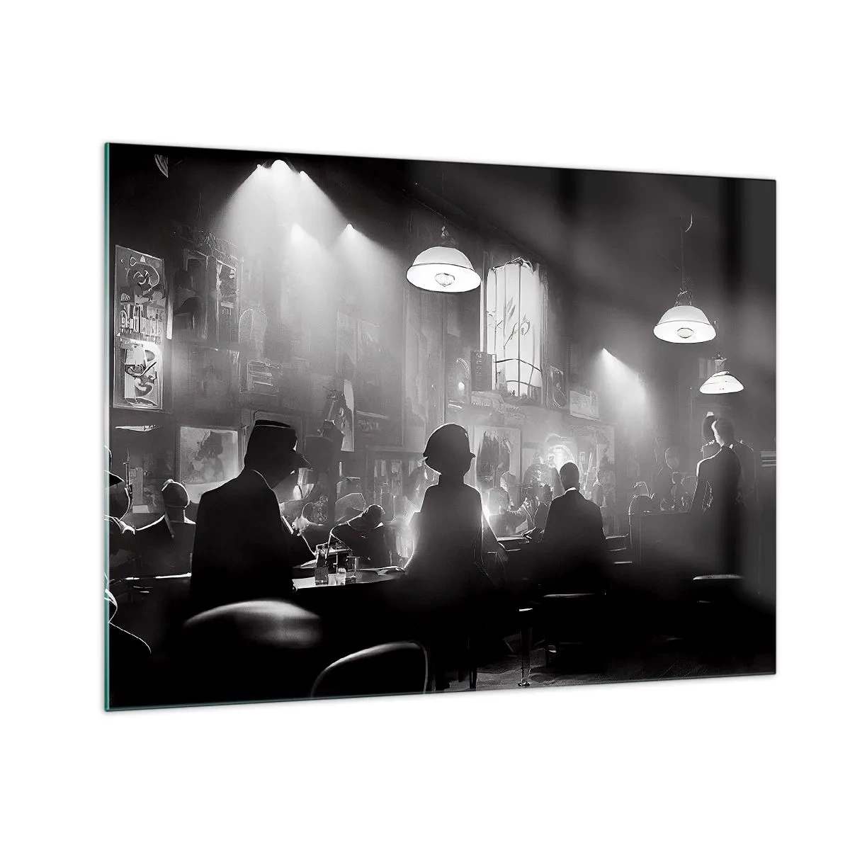 Glastavla - Bild på glas - Svartvit jazzscen i en klubbinredning - 70x50cm - I en jazzig stämning - Modern väggdekoration för vardagsrum och sovrum ARTTOR