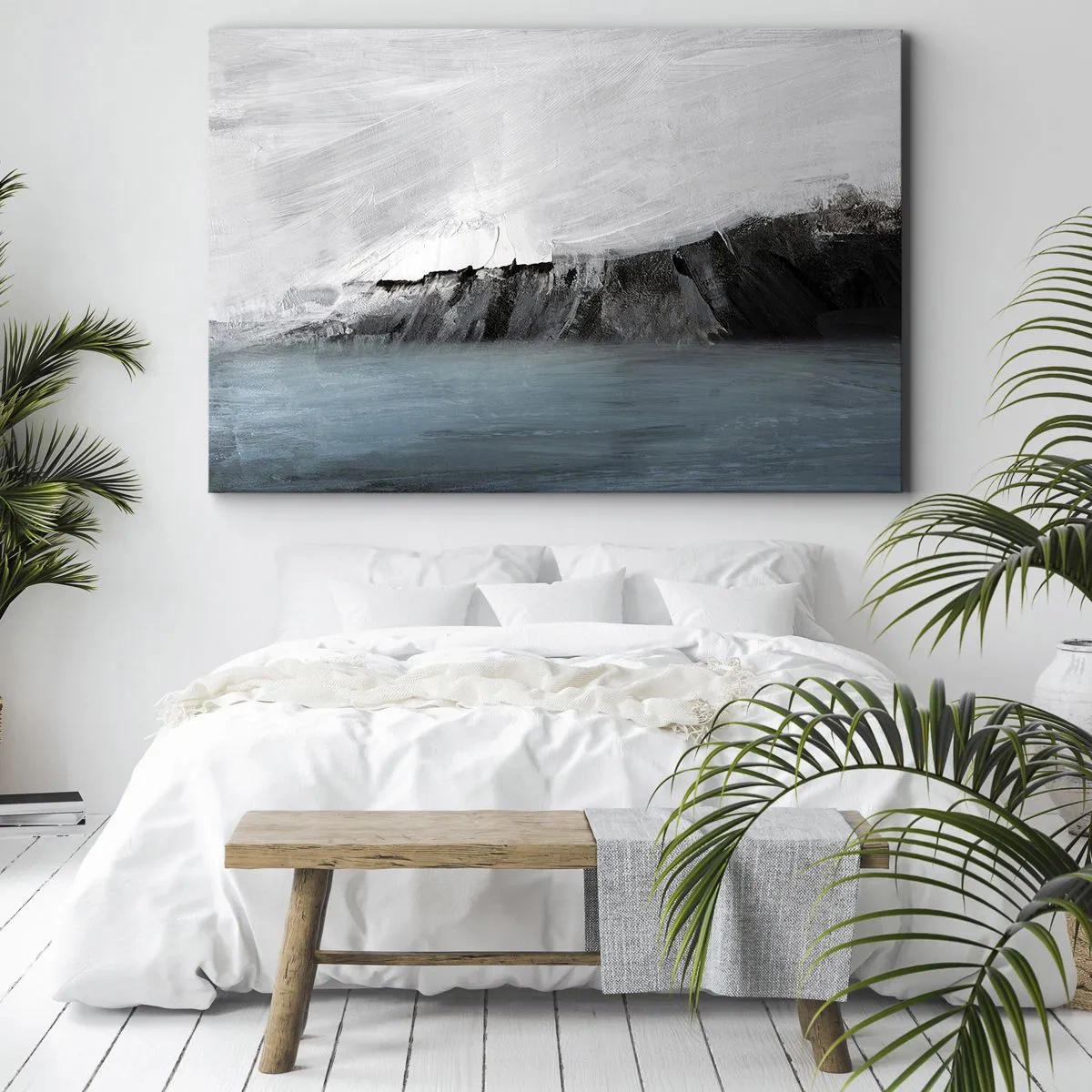 Canvastavla - Bild på duk - Abstrakt landskap med vatten och en klippig strand - 70x50cm - Vatten - jord: en krock mellan elementen - Modern väggdekoration för vardagsrum och sovrum ARTTOR