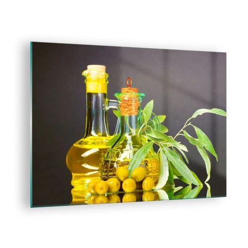 Glastavla - Bild på glas - Flaskor med olivolja och en gren med oliver i bakgrunden - 70x50cm - Stilleben med oliver och olivolja - Modern väggdekoration för vardagsrum och sovrum ARTTOR