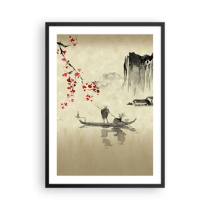 Affisch i svart ram - Orientalisk scen med fiskare på en båt - 50x70cm - I det blommande körsbärslandet - Modern väggdekoration för vardagsrum och sovrum ARTTOR