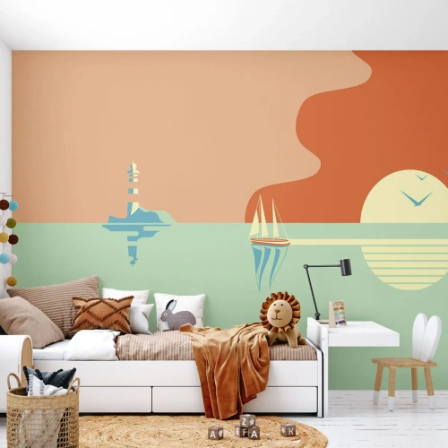 Självhäftande Fototapet Deluxe Sticker - Perfekt havslandskap - Abstraktion, Segelbåt, Lykta - 250x175 cm