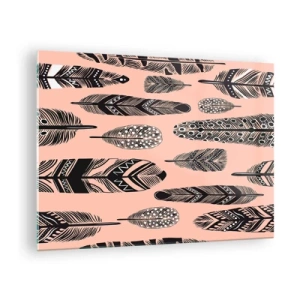 Glastavla - Bild på glas - Dekorativa fjädrar med svartvita mönster på en rosa bakgrund - 70x50cm - Indiansk middag - Modern väggdekoration för vardagsrum och sovrum ARTTOR