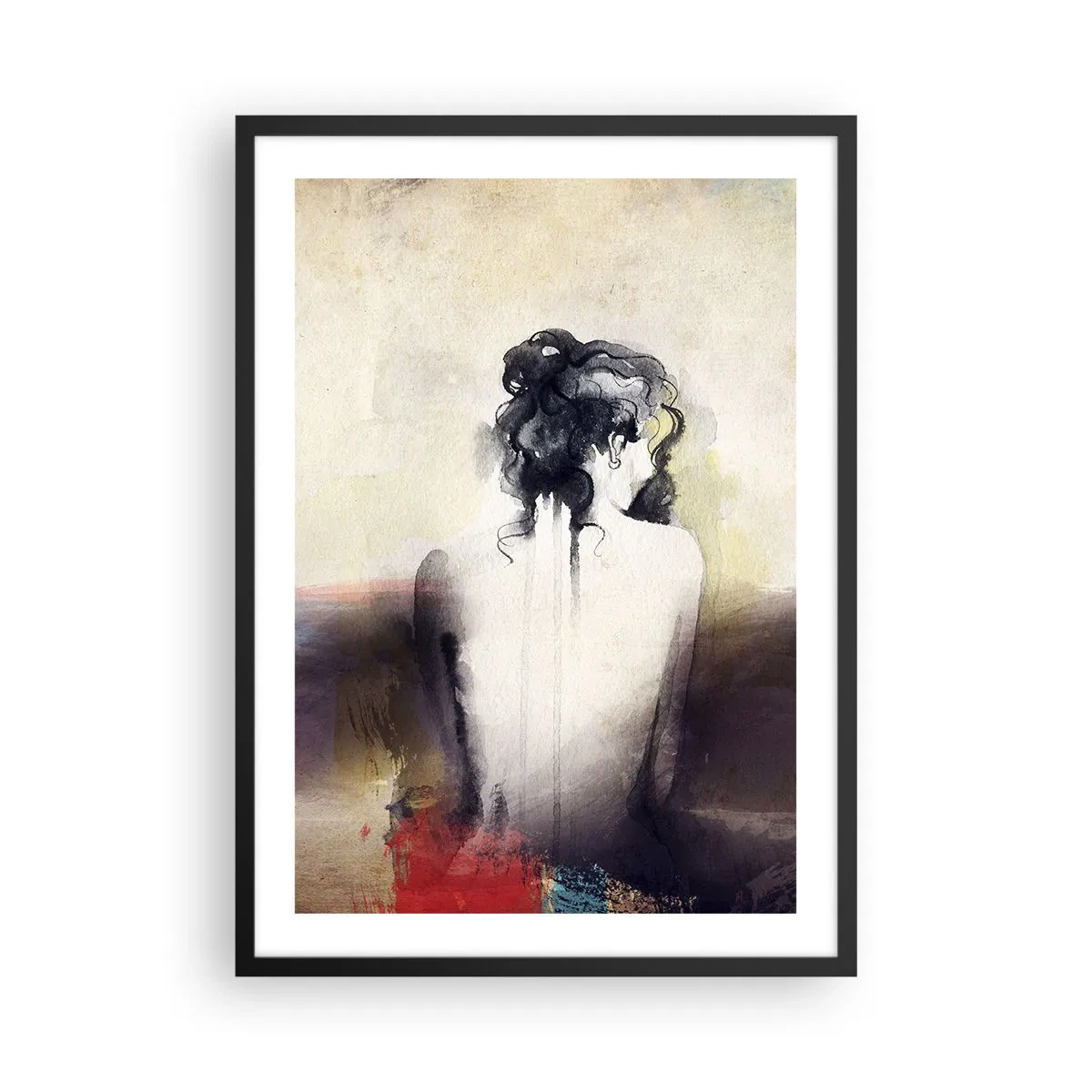 Affisch i svart ram - Ett konstnärligt porträtt av en kvinna bakifrån i dämpade färger. - 50x70cm - Moderata linjer, ovala former - Modern väggdekoration för vardagsrum och sovrum ARTTOR