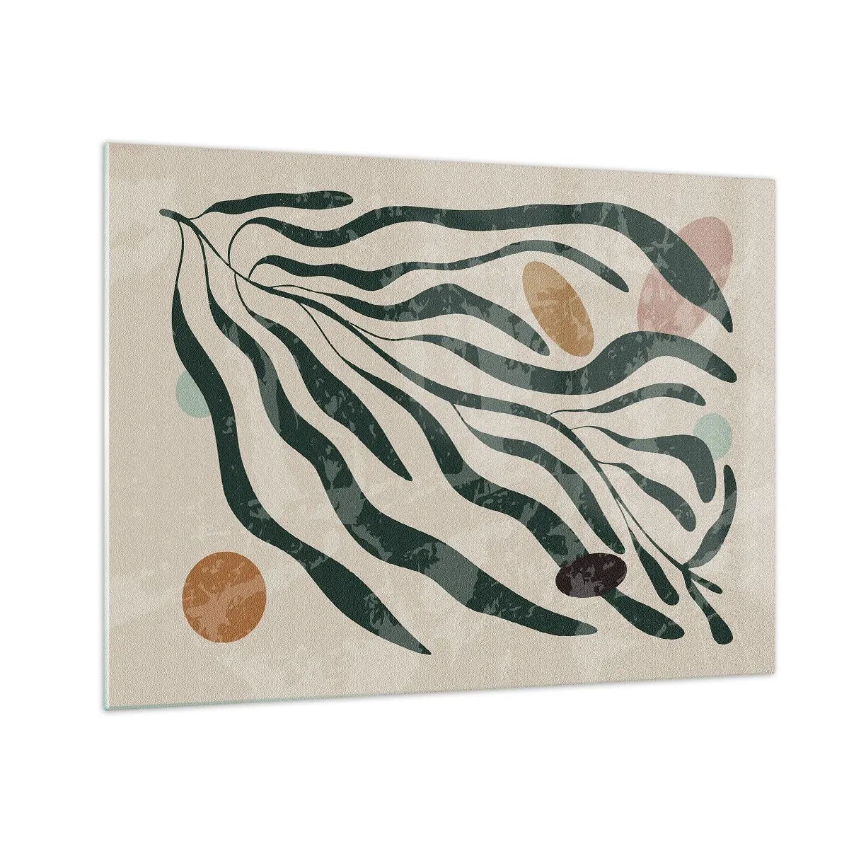 Glastavla - Bild på glas - Organiska former i grönt mot beige bakgrund - 70x50cm - Bland de gröna - Modern väggdekoration för vardagsrum och sovrum ARTTOR