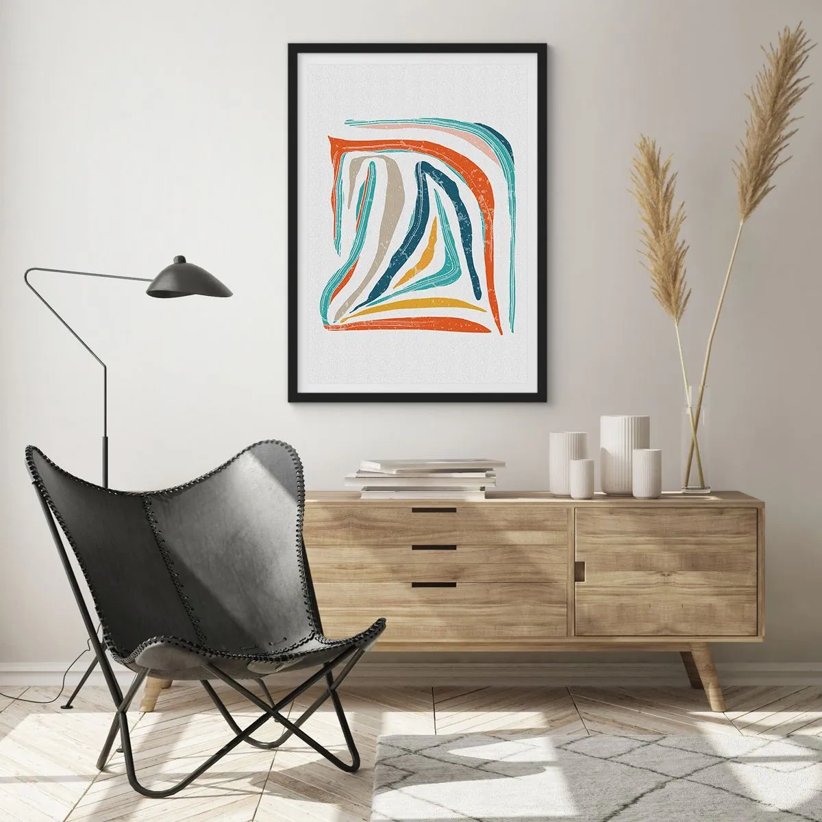 Affisch i svart ram - Färgglad abstraktion med organiska linjer - 50x70cm - Vänligt leende abstraktion - Modern väggdekoration för vardagsrum och sovrum ARTTOR